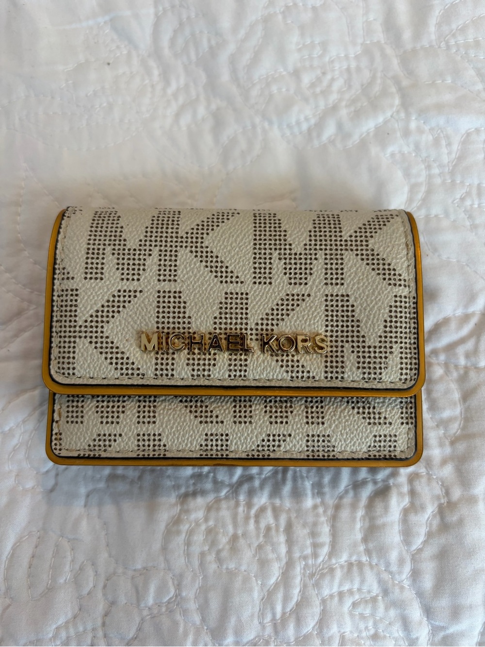 Michael Kors Cream MK Logo Flap Wallet with Gold Hardware